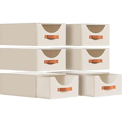 Large Closet Organizers and Storage - Stackable Storage Bins with Drawer, Fabric Containers for Organizing, Collapsible Organizer Bins for Bedroom, 6 Pack, Beige