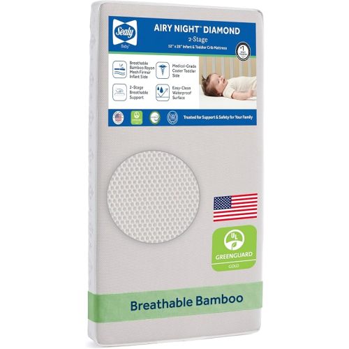 Sealy Baby Infant & Toddler Crib Mattress - Airy Night 2-Stage, Waterproof and Breathable, GREENGUARD GOLD Certified, Made in USA, 52x28