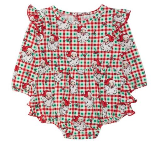 RuffleButts Baby Toddler Girls Long Sleeve Flutter Bubble Romper - Red & Green Dear Santa, 0-3m