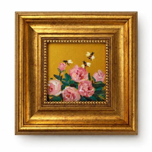 Hand-Painted Pink Roses with Bees Oil Painting in Gold Frame, Miniature Floral Art for Home Decor