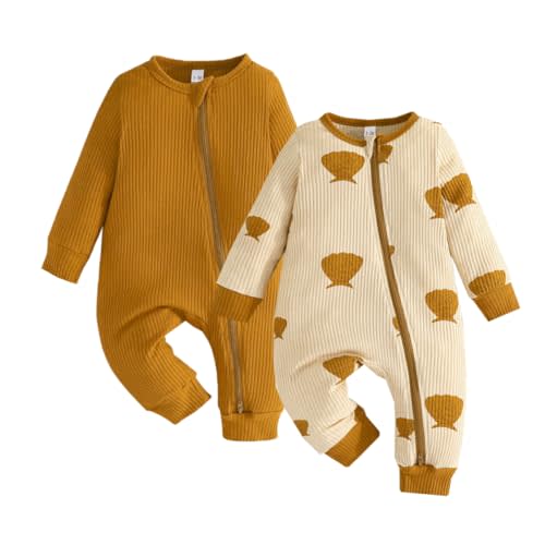 Bafeicao Unisex Baby Boy Girl 2/3 Pack Rompers Long Sleeve 2 Way Zipper One Piece Jumpsuits Clothes Sets