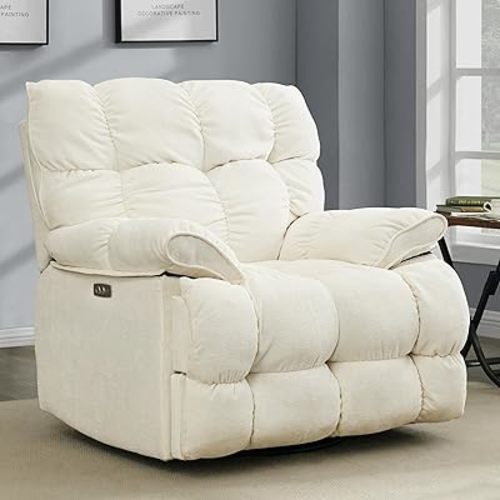 Oversized Rocker Recliner Chair,Power Swivel Recliner for Living Room,Overstuffed Extra Wide Rocking Recliners with Breathable Soft Fabric,Up to 350lbs (Power, White)