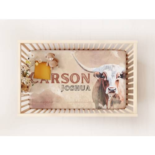 Custom Longhorn Crib Sheet, Crib Sheet With Longhorn, Cow Baby Bedding, Rodeo Nursery, Cowboy Themed Nursery, South Western Nursery Sets