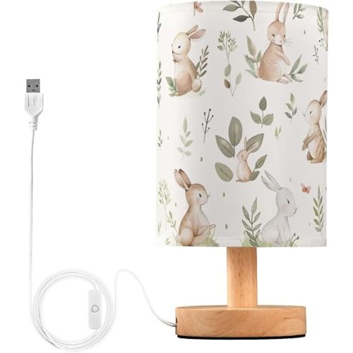 Bedside Table Lamp Woodland Animal Bunny Nightstand Lamp with Wood Desk Lamps for Bedroom Living Room Nursery Office Home Decor