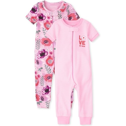 The Children's Place Baby-Girls Love Mom Floral Snug Fit Cotton Zip Front One Piece Footed Pajama 2 Pack, 3-6 M