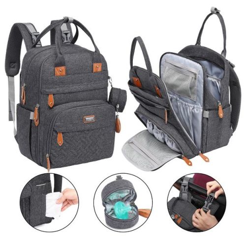 BabbleRoo Diaper Bag Backpack Stylish Hands-Free Baby Bag with Changing Pad, Stroller Straps & Water-Resistant