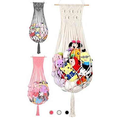 Stuffed Animal Hammock Wall Hanging Net for Stuffed Animal Storage Plush Toy Holder Macrame Toy Display for Boho Kidroom Decor Nursery Organizer (Cream)
