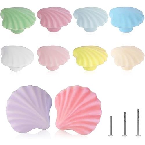 10x Colorful Cute Glossy Ceramic Knobs Seashell Shape Lovely Door Pull Knob Cabinet Closet Ceramic Drawer Cupboard Kitchen Dresser Kids Child Bedroom Pulls Wardrobe Handles