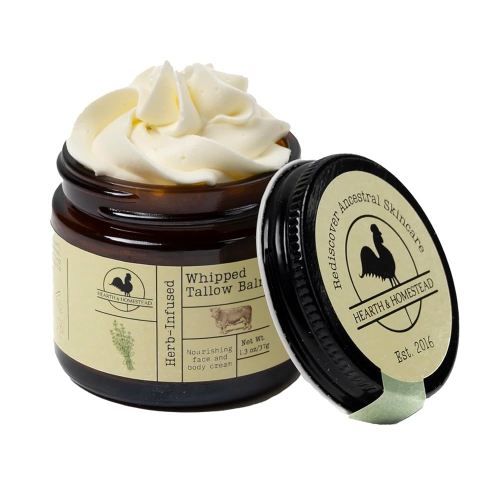 Handmade Whipped Tallow Balm (Unscented/Herb-Infused) - Organic Body Butter with Infused Olive Oil, for Eczema, Rosacea, Baby - 1.3 oz
