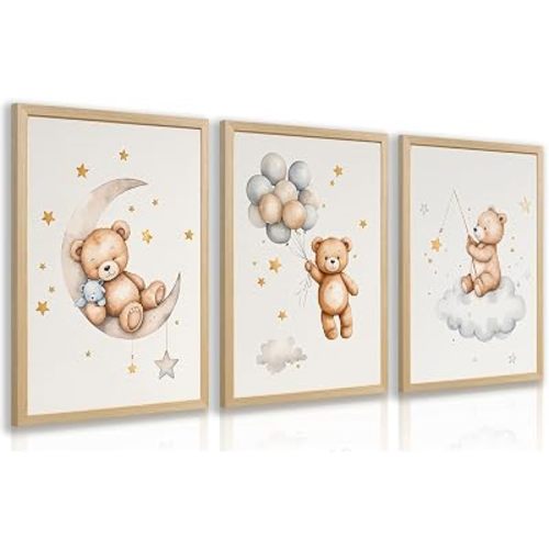 EisEver Baby Nursery Wall Art Set of 3, Bear Moon Cloud Balloon Nursery Decor, Cute Teddy Bear Boys Girls Room Art Prints, Neutral Beige Kids Room Artwork for Bedroom Playroom Wood Framed 12x16 inch