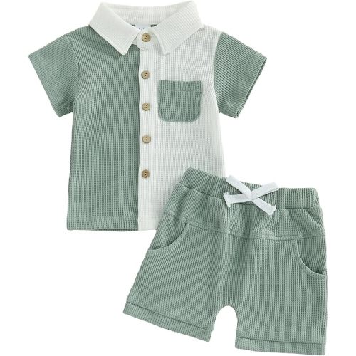 (6-12m) Toddler Baby Boy Summer Clothes Color Block Button Down Shirt T-Shirt Tops Elastic Waist Shorts Set Infant Outfits