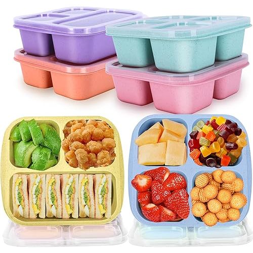 6 Pack Snack Containers - 3 & 4 Compartment Bento Box for Kids, Adult Lunchable Containers, Divided Snackle Box Container, BPA-Free Meal Food Storage for School, Work & Trave (Multicolor & Clear Lids)
