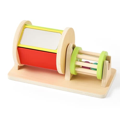 IEATFO 2-in-1 Montessori Baby Toys | Wooden Spinning Drum & Rolling Rattle Combo for 3 6 12 Months | Sensory Development Toys with Mirror, Bells & Tummy Time Play | ASTM Certified Gift (Girl/Boy)