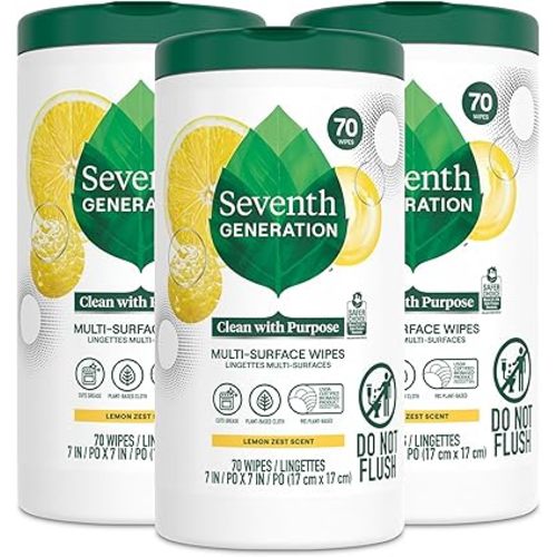 Seventh Generation Multi Surface Wipes, Pack of 3, for all purpose cleaning, lemon zest scent with 100% essential oils and botanical ingredients, 70 ct each