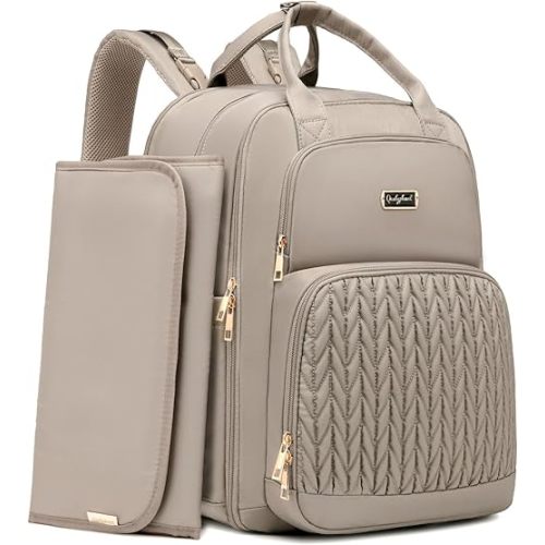Diaper Bag Backpack - Extra Large Diaper Bag for Two Kids Twins (Expandable 30-38L) - Travel Baby Backpack with Changing Pad for Mom Dad (Quilted, Water Resistant, Brown Taupe)