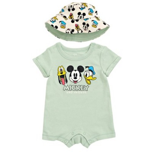 Disney Mickey Mouse Donald Duck Pluto Newborn Baby Boys Romper and Hat Green 0-3 Months