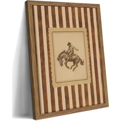 Framed Vintage Western Wall Art, Southwestern Cowboy Horse Canvas Wall Decor Painting, Mid Century Rustic Striped Cowboy Artwork Print Picture for Living Room Bedroom Bathroom 12x16 Inch