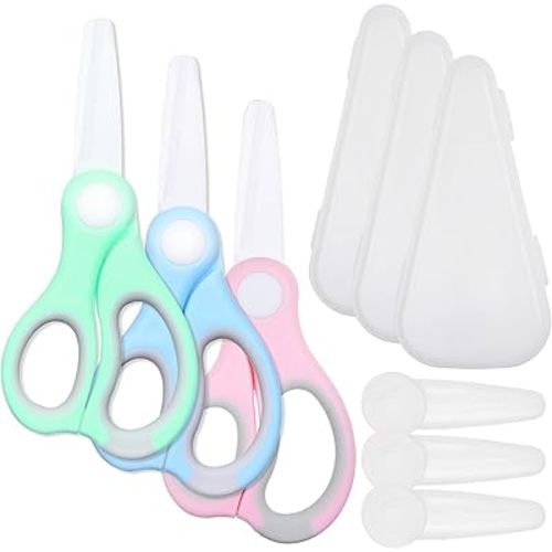 Kare & Kind 3x Ceramic Baby Food Scissors - Blue/Pink/Green - With Dust Cover and Storage Case - Cut Baby Food Easily - Ideal for Noodles, Meat, Chicken, Veggies and Fruits