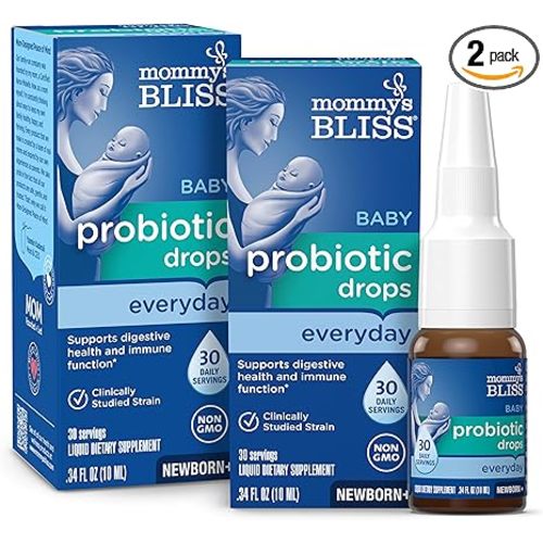 Mommy's Bliss Baby Probiotic Drops, Daily Gas, Constipation and Colic Symptom Relief + Immune Support, Newborns & Up, 0.34 Fl Oz (30 Servings), Pack of 2