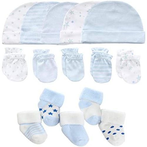 MAMIMAKA Newborn Baby Boy Girl Caps Mittens Socks Set Cotton Baby Essentials Accessories (Hats+Gloves+Socks)