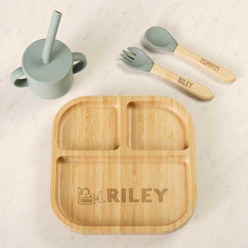 Custom Bamboo Kids Dinnerware Set – Engraved Baby Plate & Cup, Toddler Mealtime Gift, Eco-Friendly Personalized Feeding Set