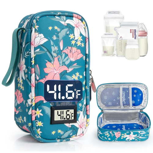 SUNMON Breast Milk Cooler Travel Bag, Real-Time Temperature Display, Holds 4-6 Breastmilk Storage Bag with 2 Breast Milk Ice Pack, Cooling & Waterproof Portable Cooler for Moms on The Go(Lily)