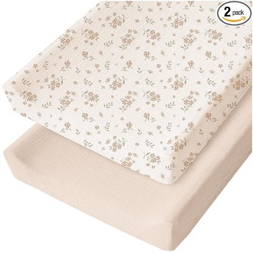 Konssy Muslin Changing Pad Cover for Baby Girls Boys, 100% Cotton Fitted Diaper Chang Table Covers, Soft Breathable Changing Pad Sheets, 2 Pack (Blossom, Cream)
