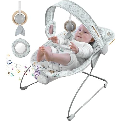 Portable Baby Bouncer Seat with 8 Melodies, 3 Vibration Levels & Adjustable Volume, Foldable Infant Bouncer Rocker with Safety Harness for Baby 0-6 Months, Indoor & Outdoor Use BR2403