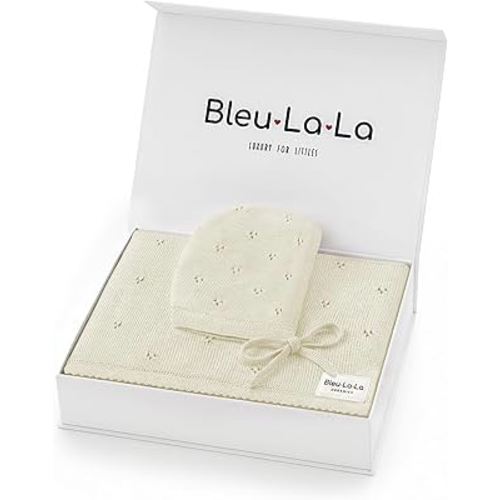 Bleu La La Baby Gift Set - Organic Cotton Newborn Blanket Essentials, Thoughtful Baby Shower & New Baby Gift for Boys & Girls (Pointelle - Butter Cream)