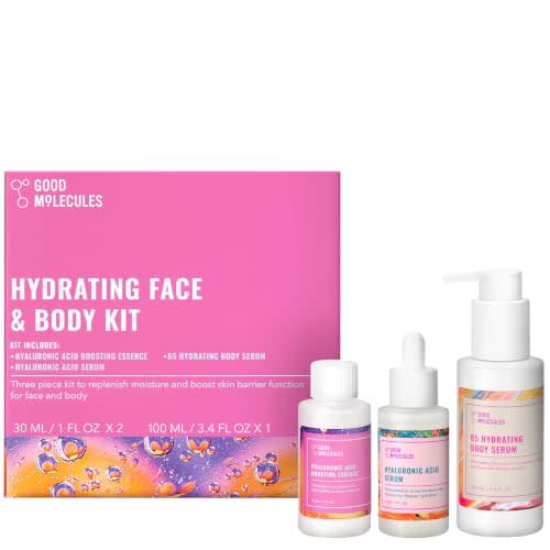 Good Molecules Hydrating Set, Hyaluronic Acid Essence, Serum + Body Serum | Three-step hydration set: Sakura Hyaluronic Acid Boosting Essence, Hyaluronic Acid Serum, and B5 Hydrating Body Serum.