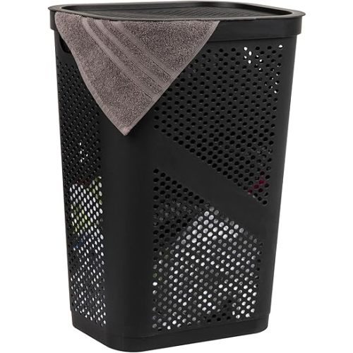 Mind Reader Slim Laundry Hamper with Lid, 60L Clothes Basket, Ventilated Plastic, Black