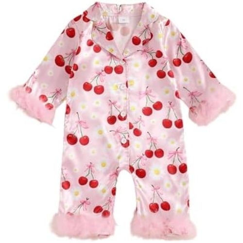 Baby Girl Satin Pajamas Bow Print Silk Romper Pjs Long Sleeve Feather Trim Button Down One-Piece Sleepwear Jumpsuit