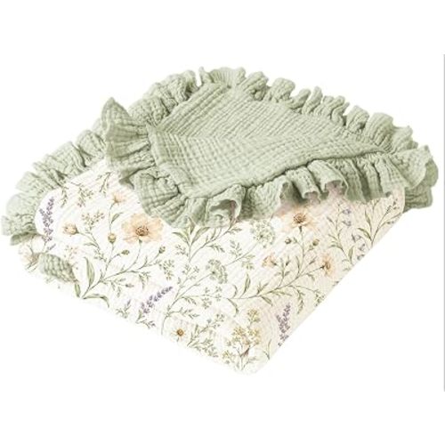 Konssy 100% Cotton Muslin Baby Blanket with Ruffle Trim for Girls, 43"x39"
