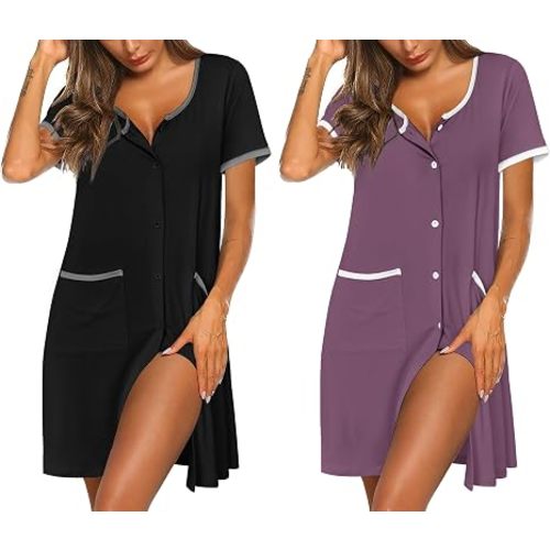 Ekouaer 2 Pack Nightgowns for Women Button Down Houese Dress with Pockets