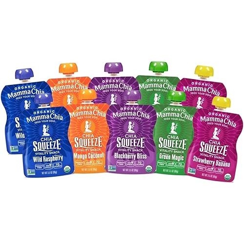Mamma Chia Squeeze 5 variety (10 pack) Wild Raspberry,Green Magic,Blackberry bliss,Strawberry ,Mango coconut