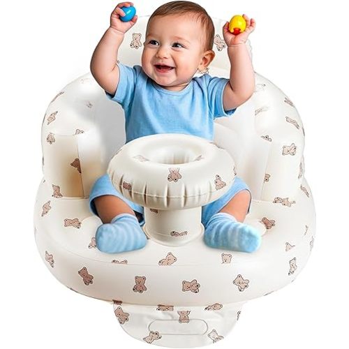 Portable Inflatable Baby Seat, Waterproof Infant Floor Chair with Tray for Sitting Up, Built-in Valve Toddler Support Blow Up Baby Chair, Essentials for Newborns Aged 3 to 36 Months (Bear)