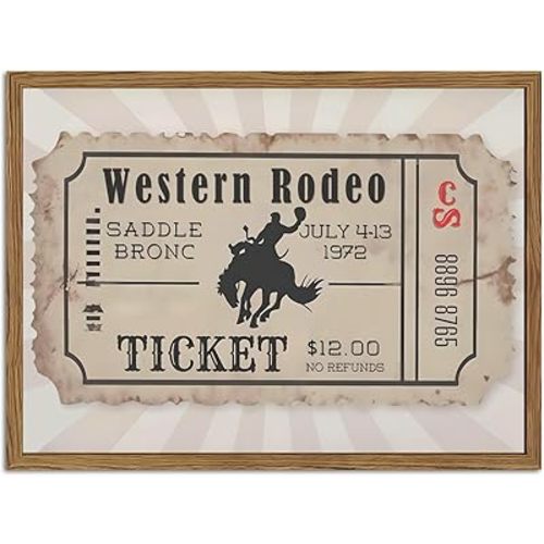 Vintage Western Cowboy Rodeo Wall Art Retro Calgary Stampede Ticket Wall Decor Painting, Southwestern Cowboy Bronc Rider Poster Canvas Print Picture for Living Room Bedroom 12x16 inch Wood Framed