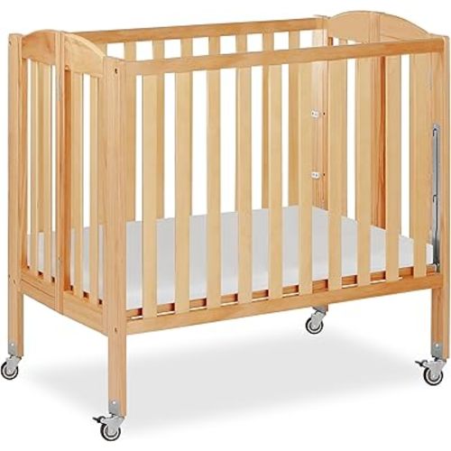 Dream On Me 3-in-1 Portable Folding Stationary Side Mini Baby Crib in Natural & Mattress, GreenGuard Gold & BSA, Use as Changer & Playpen, Locking Wheels, 3 Mattress Heights, Extra Firm Mattress