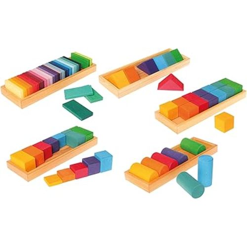 Grimm's Large Shapes & Colors Building Set, Part 1 - Colorful Wooden Blocks in 5 Geometric Forms with Storage Trays (4x4 Size)