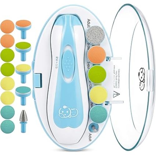 Royal Angels Upgraded 21 in 1 Baby Nail Trimmer with Labeled Case, 13 Extra Replacement Pads, Safe Electric Baby Nail File Kit for Newborns & Toddlers, Whisper Quiet Nail Clipper with LED Light (Blue)
