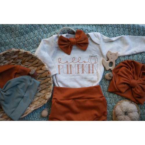 Hello Pumpkin baby girl outfit, autumn baby outfit, baby shower gift, fall outfit, outfit with option for bummies, pants, bow