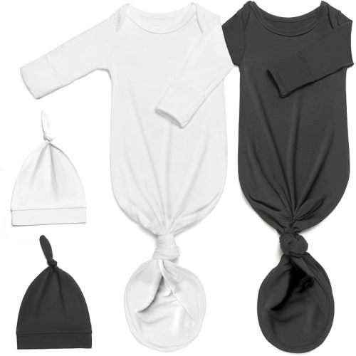 2Pk Newborn Knotted Gown Set, Soft Baby Sleep Sack & Hat, Boys Girls Clothes, Easy Diaper Change Baby Gift