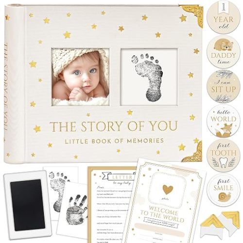 Book Keepsake, Baby Memory Book From Pre-Birth to 5th Year, with 2 Photo Pockets, Milestone Stickers, Hand/Footprint Inkpad, Information Card, Baby Album and Memory Book for Girls or Boys