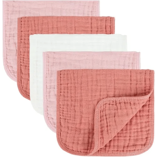 MIGIOL Baby Burp Cloths 100% Cotton Newborn Muslin Burp Cloths 10x20 inches Baby Essentials Pink&White 5-Pack