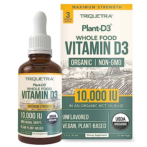 Organic Vitamin D3 10,000 IU - Plant D3, Vegan, Max Strength Sublingual Liquid D3 Drops - 200% Higher Absorption, 100% Plant-Based Cholecalciferol Form & Vegan D3, Adjustable Dosing (30 Servings)
