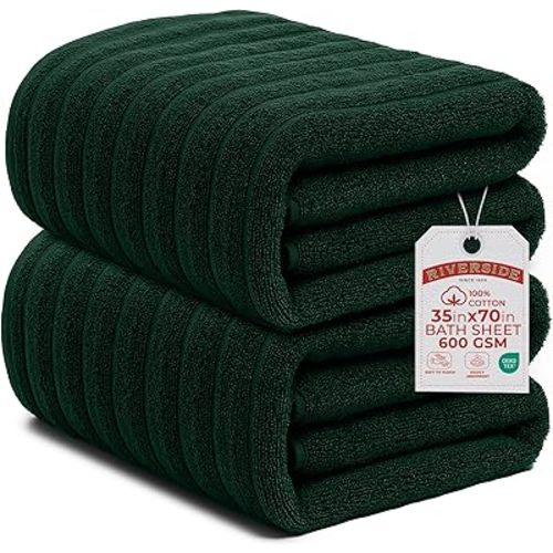 RIVERSIDE Pack of 2 Extra Large Bath Sheet Towels, 35 x 70 Inches, 600 GSM, Ribbed Stripe, 100% Cotton - Super Soft, Highly Absorbent & Quick Dry for Bathroom, Spa & Hotel, Hunter Green