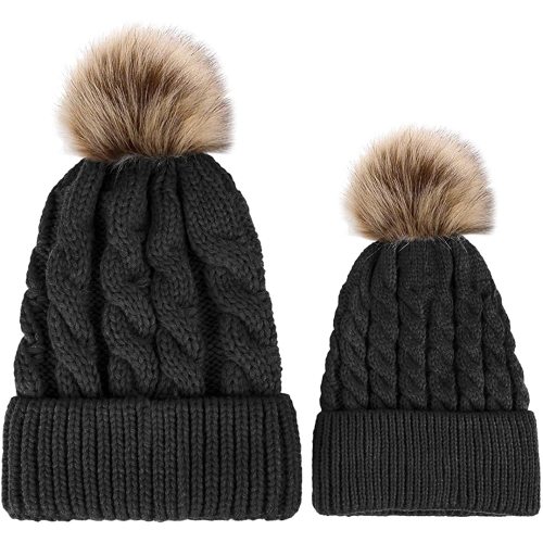 2 Pack Parent-Child Winter Hats for Women Warmer Soft Mom Baby Knit Hat Set Slouchy Beanie with Pom Pom