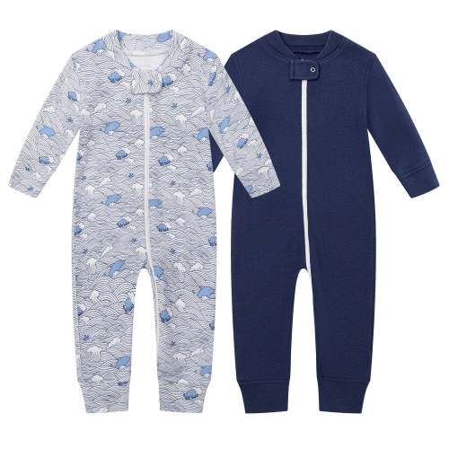 100% Cotton Footless Zip Pajamas - 2 pack - Wave & Navy – Owlivia