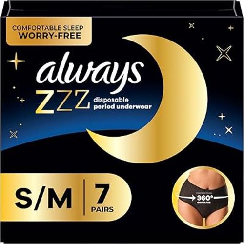 Always, ZZZs Overnight Disposable Period Underwear For Women, Small/Medium, Black, Light Scent, Disposable, 7 Count