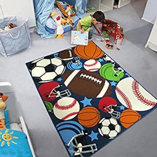 Blue Kids Rug Fun Sport Rugs Nylon Carpet Boys Girls Childrens Rug Balls Print with Soccer Ball, Basketball, Football, Tennis Ball Bedroom Playroom (100x130cm(39''x51''))